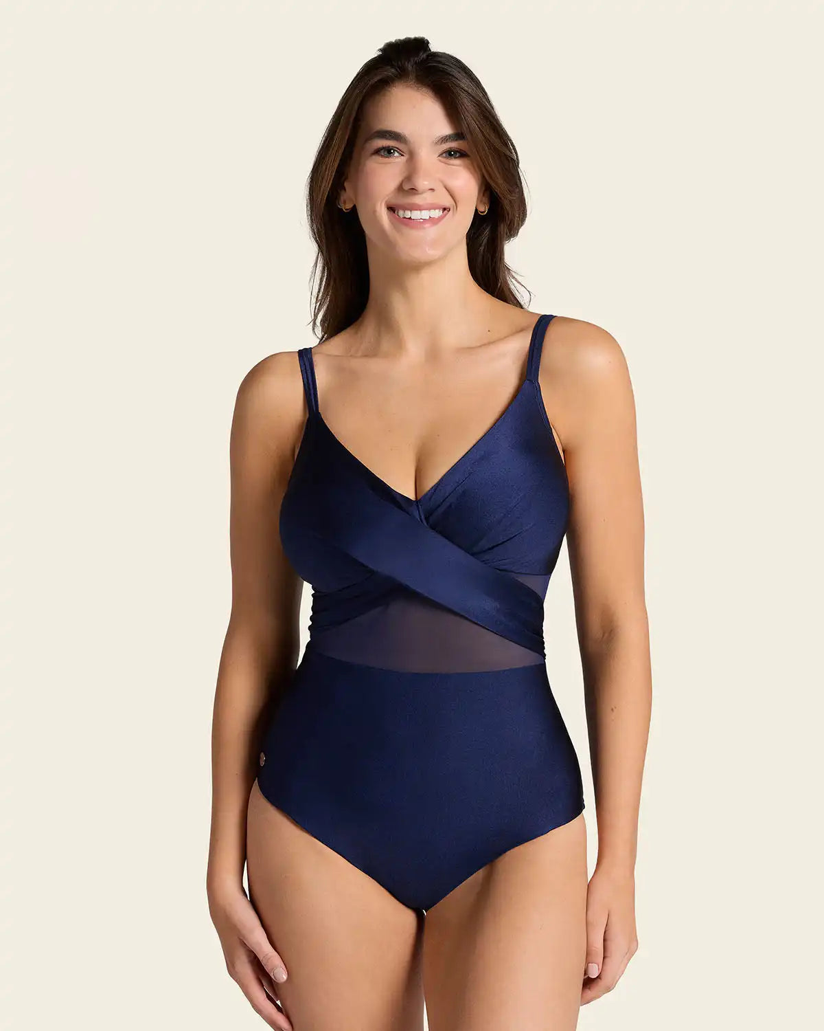One Piece Swimsuit with Criss Cross Neckline and Tulle
