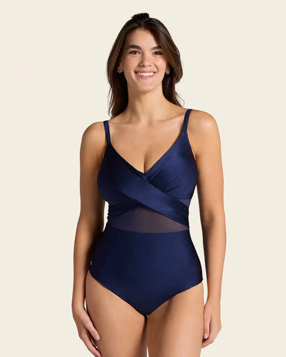 One Piece Swimsuit with Criss Cross Neckline and Tulle